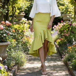 # A324  CQ by CQ Chic Lime Green Ruffle High-Low Skirt Dopamine Dressing NWOT L